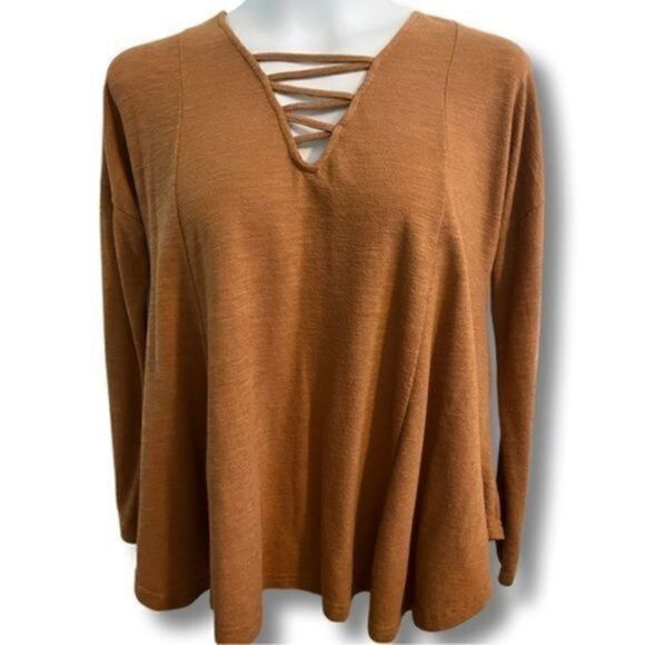 Flare Fit Tunic Top. V-neck. Camel color. Size Small - Picture 1 of 6